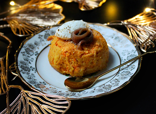 Flan di zucca con filetti di alici del Mar Cantabrico e provola